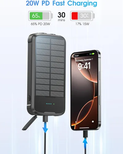 Miniatura 4 de Cargador Solar Power Bank, PD 20W Carga Rápida Batería Externa, 40000mAh Cargador de Teléfono Portátil con 4 Cables Integrados con Linternas