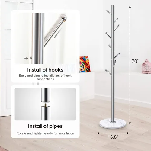 Miniatura 4 de Homde Perchero de metal con base de mármol natural, de acero inoxidable independiente para ropa, árbol con 8 ganchos, colgador de pasillo