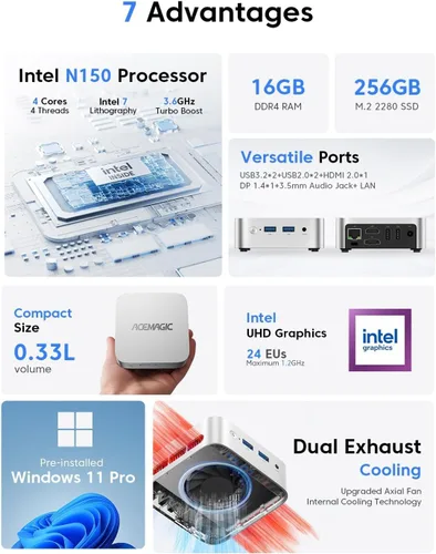 Miniatura 2 de ACEMAGIC V1 Mini PC, 16 GB DDR4 RAM 256 GB SSD Mini computadoras, Twin Lake N150 (Beat N97/N95) PC de escritorio pequeño, 4K Dual