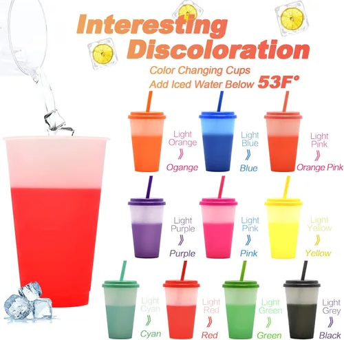 Miniatura 2 de FIEKEICC Vasos que cambian de color, 10 vasos de plástico de 12 onzas con tapas y pajitas para batidos de café helado, vasos reutilizables a prueba