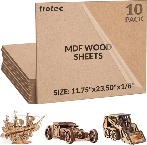 Trotec - Hoja de madera MDF de 23.5 x 11.75 x 1/8 pulgadas, paquete de 10 unidades, grado para muebles, láser y grabable, acabado liso, fibra de
