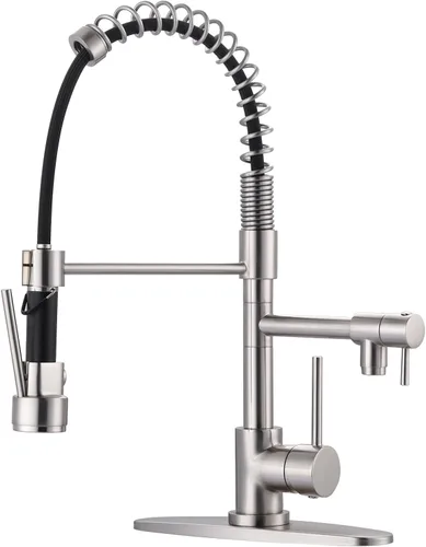 WOWOW - Grifo de cocina de latón con rociador extraíble, grifo de cocina de resorte comercial de arco alto para fregaderos de 1 o 3 agujeros, grifo