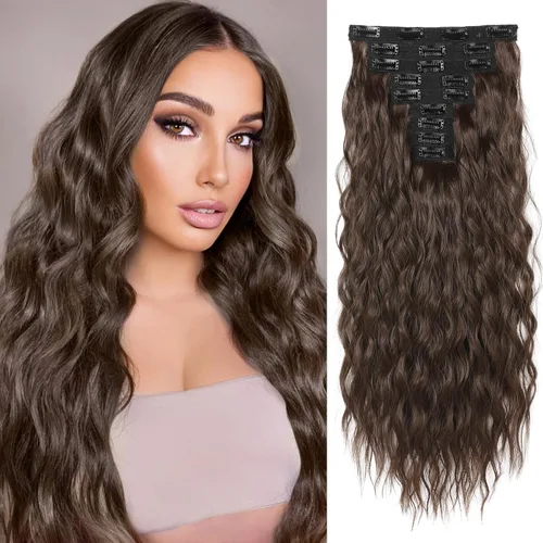 Miniatura 31 de REECHO Extensiones de cabello con clip, 5 piezas, de 24 pulgadas, de color rubio ceniza, extensiones de cabello con ondas largas y sueltas, HE002