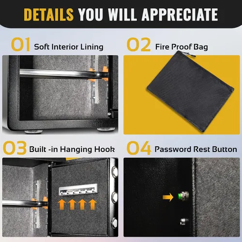 Miniatura 7 de Caja fuerte, ignífuga, bolsa impermeable, teclado y entrada de llaves, gabinete de seguridad para el hogar y la oficina (2.0 pies cúbicos)