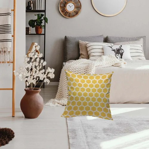 Miniatura 5 de HOSNYE Funda de cojín con diseño de panales de abeja, color amarillo y blanco, patrón abstracto de algodón y lino para sofá, cama, sofá, automóvil
