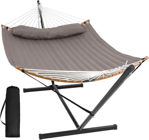 Miniatura 17 de SUNCREAT Hamaca doble con soporte incluido, hamaca portátil con soporte y almohada grande, rayas azules