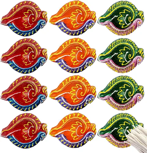 Miniatura 7 de Juego de 12 piezas de Diwali Regalo/Decoraciones Clay Diya. Lámpara de aceite de tierra natural hecha a mano/Bienvenido Diyas tradicional con mechas