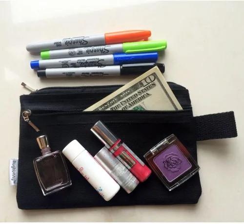 Miniatura 4 de bolsa de lona de 100% algodón, con cierre, bolsillo para maquillaje, celular, pluma/lapicera, 5 unidades, 16 onzas, Negro M