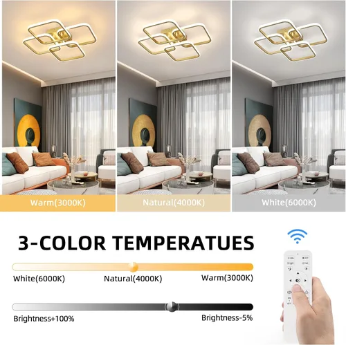 Miniatura 2 de CANEOE Lámpara de techo LED dorada moderna de 4 cuadrados, regulable, control remoto, montaje empotrado cuadrado, iluminación