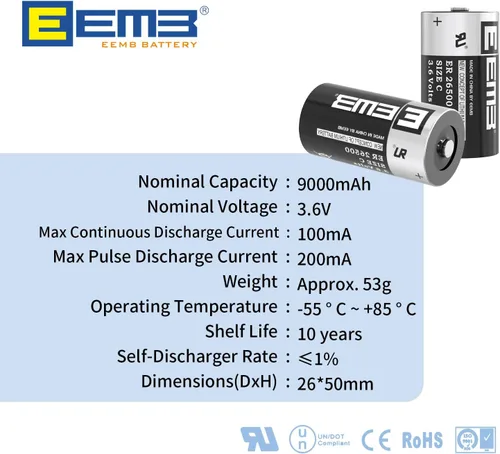 Miniatura 2 de EEMB ER26500 3.6V 9000mAh C tamaño batería de litio de alta capacidad Li-SOCL₂ batería no recargable LS26500 SB-C01 TL-2200 para monitor de presión