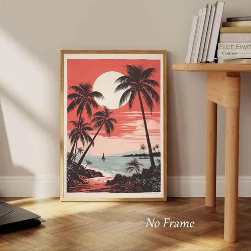 Miniatura 6 de Arte de pared vintage de paisaje marino retro, póster de playa con imagen de palmera, lienzo de árbol tropical, arte de pared, arte de océano