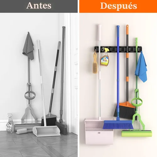 Miniatura 5 de Lifewit Soporte de pared para fregona y escoba, colgador de escoba antideslizante para organización de cocina, organizador de suministros de Negro