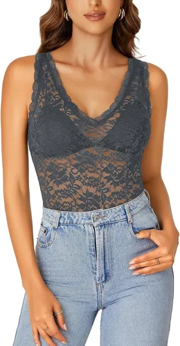 Miniatura 10 de Rooscier - Blusa sin mangas para mujer, con encaje floral, cuello en V, con volantes, transparente, sin sujetador