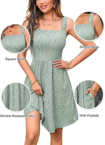 Miniatura 5 de HUHOT - Vestido casual de verano para mujer, con cuello cuadrado y bolsillo, bonito vestido por debajo de la rodilla, sin mangas, con cintura alta