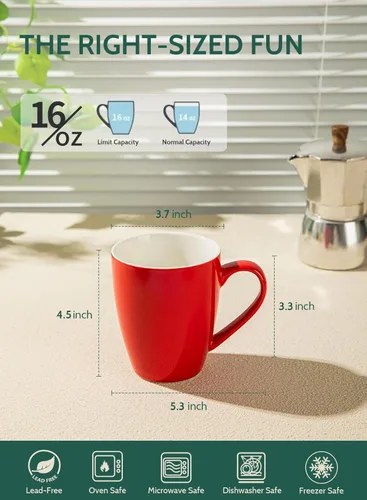 Miniatura 2 de Sweese - Tazas de porcelana para café de 16 onzas (hasta el borde) para café, café con leche, té, cacao, juego de 4, rojo