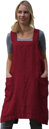 Miniatura 10 de Larmliss Delantal tipo pinafore cuadrado para mujer, para hornear, cocinar, jardinería, con espalda cruzada, mezcla de algodón/lino, con 2 bolsillos