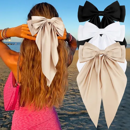 Miniatura 8 de Velscrun Lazos para el cabello para mujeres y niñas, 3 unidades, lazo blanco, lazo negro, azul marino, lazos grandes para el cabello con clip, lazos
