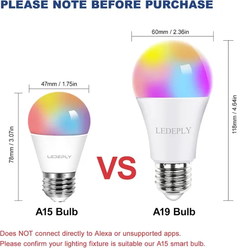 Miniatura 2 de Bombilla inteligente A15, bombillas LED WiFi E26, equivalente a 5 W a 40 W, cambio de color RGB regulable, compatible con Alexa Google, solo WiFi