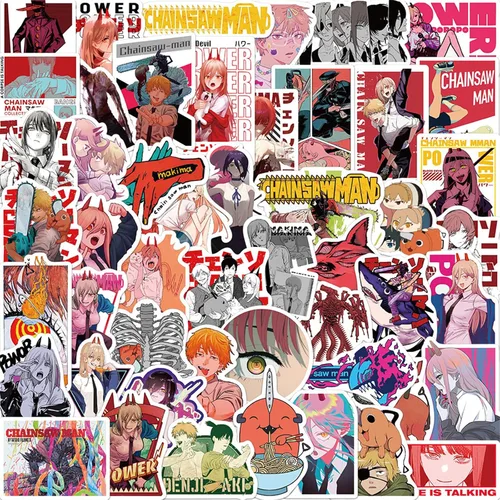 Paquete mixto de 50 calcomanías de caricatura de motosierra de animé para niños, adolescentes, impermeables, para botella de agua, laptop, equipaje,