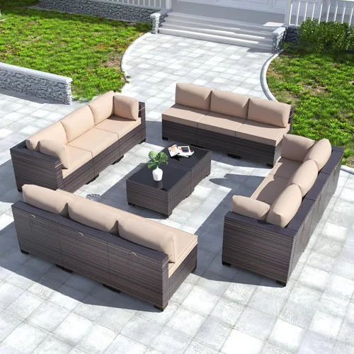 Miniatura 87 de Kullavik Juego de 13 muebles de patio al aire libre con mesa de fogata de gas propano de 43 pulgadas, 55000 BTU, mimbre de polietileno, sofá Arena