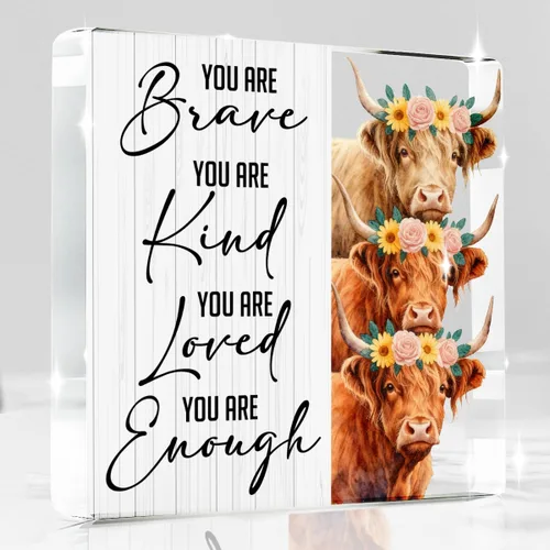 Highland Cow Gifts - Letrero acrílico con texto en inglés "You are Brave Kind Loved Enough Positive Inspirador Highland Cow Regalos para Amigos"
