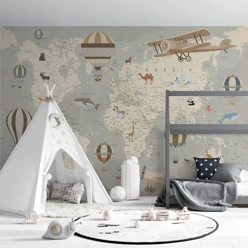 Miniatura 9 de Papel tapiz de mapa del mundo para niños con animales, calcomanías educativas para despegar y pegar, murales de guardería para bebés, niños