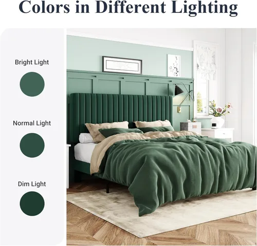 Miniatura 8 de Allewie - Base de cama tamaño Queen con cabecera acolchada tapizada en terciopelo y diseño acanalado vertical ajustable; plataforma de cama con base