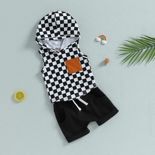 Miniatura 30 de Conjunto de ropa de verano para bebé niño y niño, diseño a cuadros, manga corta, sudadera con capucha y pantalones cortos casuales