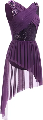 Miniatura 2 de AFAVOM Disfraz de baile lírico para mujer, vestido de lentejuelas con flores, falda asimétrica de tul fluida, disfraces de danza contemporánea