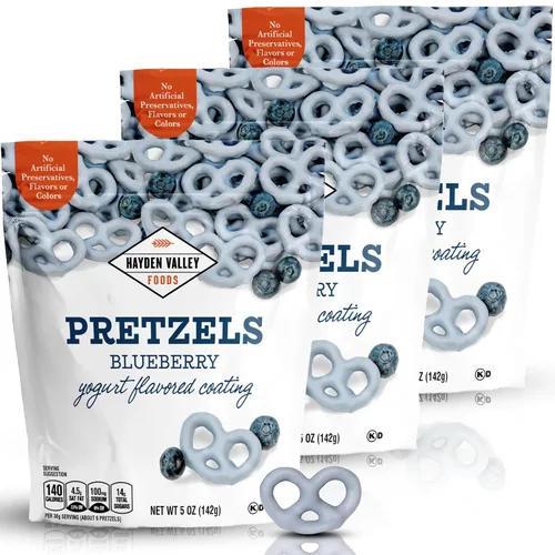 Hayden Valley Foods Pretzels cubiertos con sabor a yogur de arándanos | Bolsas de 5 onzas (paquete de 3) | Sin sabores artificiales, conservantes o