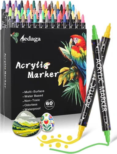 AEDAGA Bolígrafos de pintura acrílica de 60 colores, marcadores de pintura acrílica de doble punta con punta fina y punta de punto, fabricante de