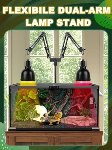 Miniatura 2 de Soporte de luz doble para reptiles, soporte de bombilla de calor (15.7 a 74.3 pulgadas) con 2 brazos oscilantes ajustables de 360° para terrario