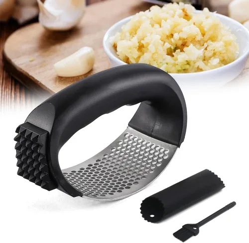 Prensador de Ajo Basculante de Acero Inoxidable, Triturador de Ajo con Pelador y Cepillo de Limpieza, Picador de Ajo Fácil de Usar para Cocinar en