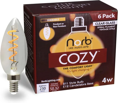 Norb NorbCOZY - Bombilla LED tipo candelabro B11 de estilo vintage, espectro de luz de velas para relajación y comodidad. 4W, vidrio transparente,