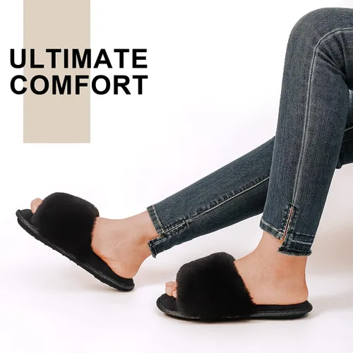 Miniatura 2 de LongBay Pantuflas de espuma viscoelástica de piel sintética para mujer, cómodas y planas, con puntera abierta, cómodas sandalias de casa