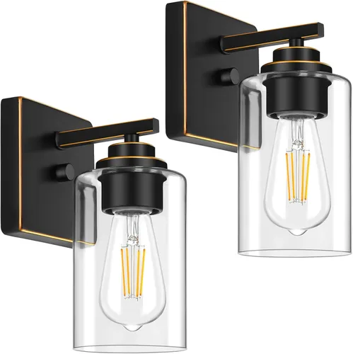 Miniatura 35 de Lámparas de baño de 3 luces, 19 pulgadas, modernas luces de tocador sobre espejo con pantallas de vidrio transparente, accesorio de luz marrón