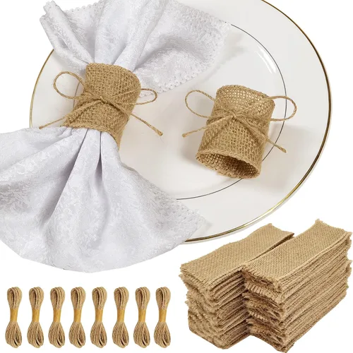 Miniatura 8 de Juego de 100 servilleteros de arpillera natural con cuerda de yute, servilletas desechables a granel, anillo rústico para mesas, decoraciones