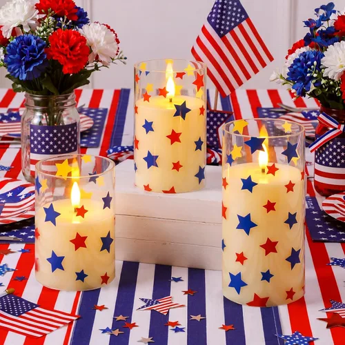 Miniatura 3 de Blosssound 3 Pack 4th of July Flameless Candles Battery Operated Independence Day Stars in Blue Red Flameless Flickering Candles LED for Gifts Home