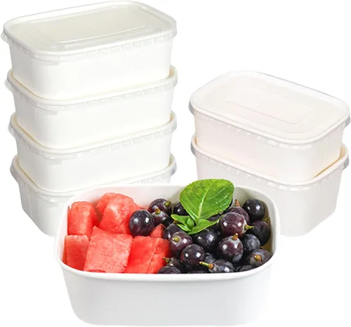 Miniatura 5 de Paquete de 50 cuencos de ensalada desechables con tapas, recipientes de comida de papel kraft blanco de 25 onzas, cuencos rectangulares para sopa a