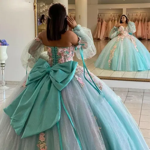 Miniatura 3 de Youjiayi Vestidos de quinceañera de manga hinchada, vestido de baile 3D floral dulce 15 16 vestidos de hombro descubierto vestidos de baile con cola