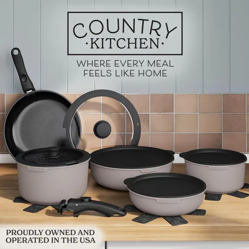 Miniatura 2 de Juego de utensilios de cocina Country Kitchen con mango extraíble, juego de ollas y sartenes apto para horno y RV, gris/negro, original