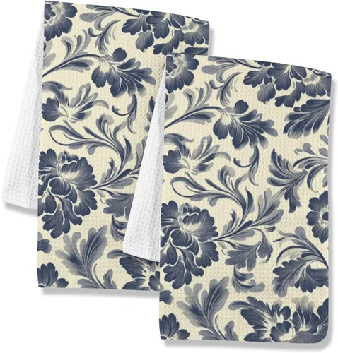 Juego de 2 paños de cocina con pintura gris retro con estampado de flores grises, toallas absorbentes para cocina de Pascua, toalla de mano lavable