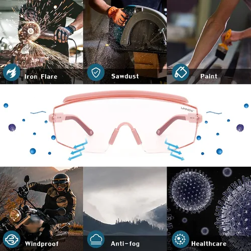 Miniatura 7 de UKNOW Anteojos de seguridad sobre lentes, gafas de seguridad antivaho protección ocular envolvente, gafas protectoras ANSI Z87.1 Rosa