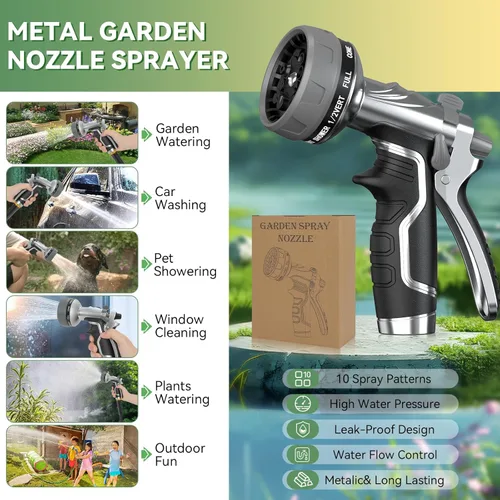 Miniatura 6 de Boquilla de manguera de jardín, boquilla de manguera de agua de metal resistente con 8 patrones de pulverización ajustables, rociador de mano