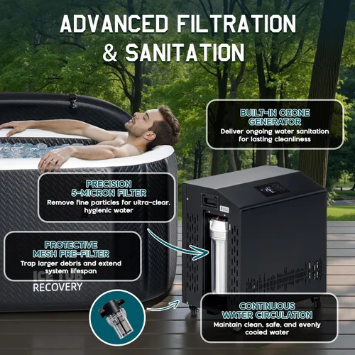 Miniatura 4 de Albott Bañera fría con enfriador de 1 HP, bañera de hielo inflable con control de aplicación, sistema UV/ozono, tapa y ruedas aisladas, bañera
