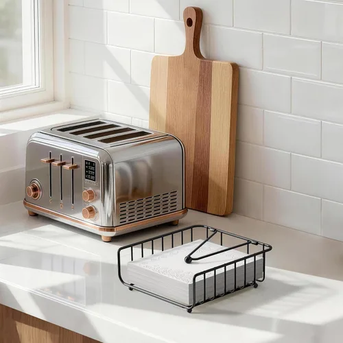 Miniatura 7 de Paquete de 2 servilleteros para mesa con brazo pesado, servilleteros planos de metal para servilletas de papel, dispensador de servilletas al aire