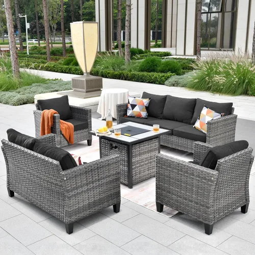 Miniatura 49 de ovios Juego de muebles de patio de 6 piezas, sillas giratorias de mimbre para exteriores con mesa para fogatas de 30 pulgadas, juego de mecedoras