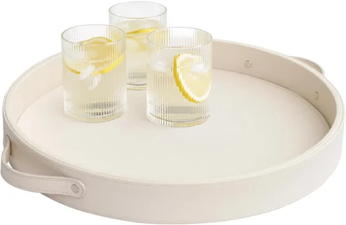 Miniatura 13 de HofferRuffer - Bandeja redonda de piel sintética con asas, bandeja de tocador decorativa para café, bandeja otomana de piel sintética para el hogar
