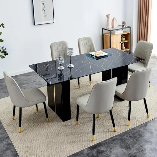 Miniatura 15 de Juego de mesa de comedor de vidrio de 71 pulgadas para 6, mesa de comedor para 6, mesa de vidrio templado con marco de MDF blanco y 6 sillas