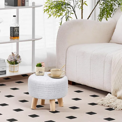 Miniatura 6 de Wimarsbon Puf otomano, taburete bohemio de punto 100% algodón, reposapiés redondo con patas de madera antideslizantes, decoración del hogar, puf